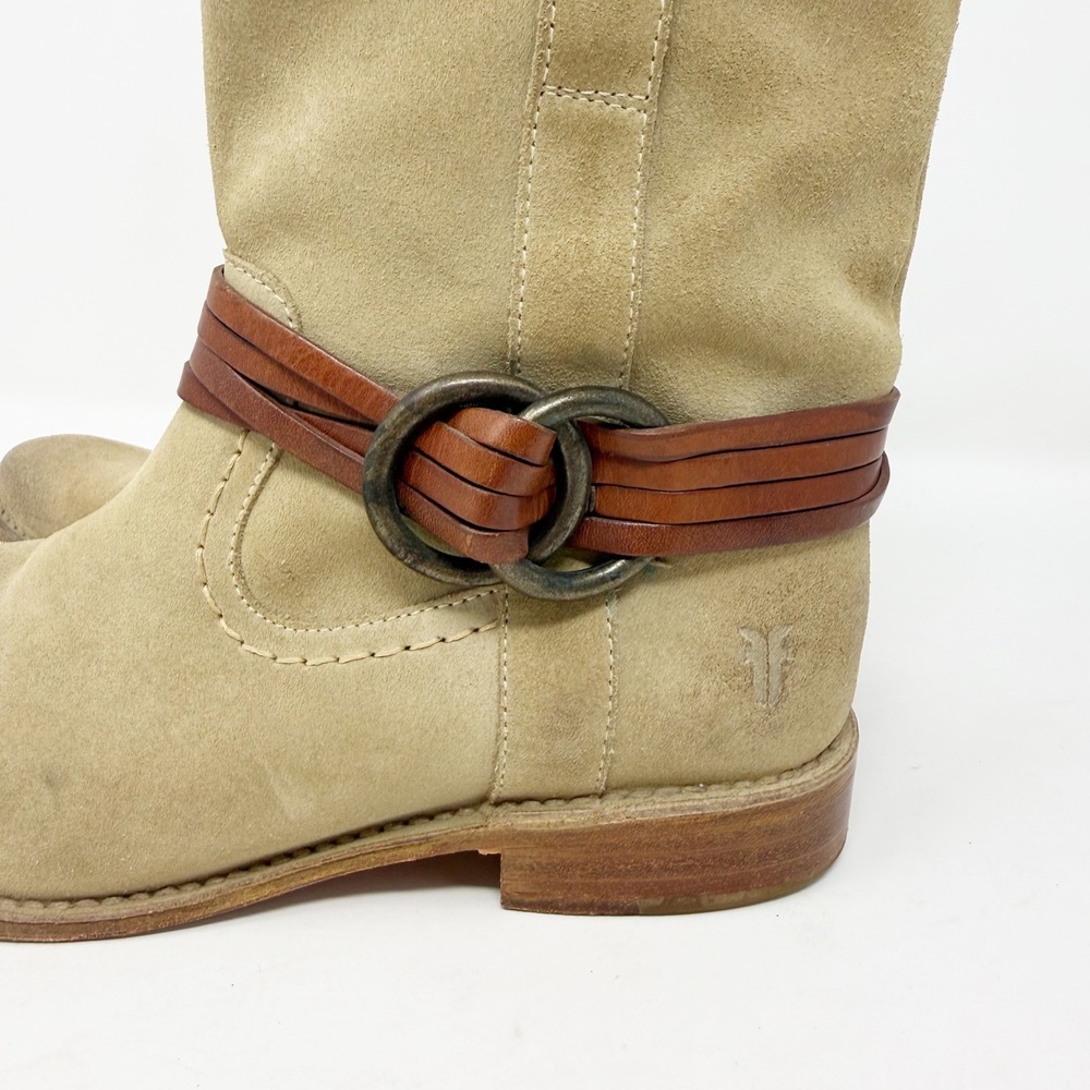 Frye Harness Suede Short Ankle Boots Beige‎ Tan Leather Straps 7.5 - Picture 7 of 14